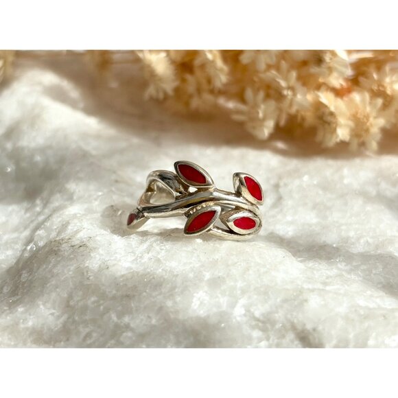 Olive Branch Natural Coral Accented Wrap 925 Sterling Silver Vintage Ring - sz 6 - Picture 8 of 13
